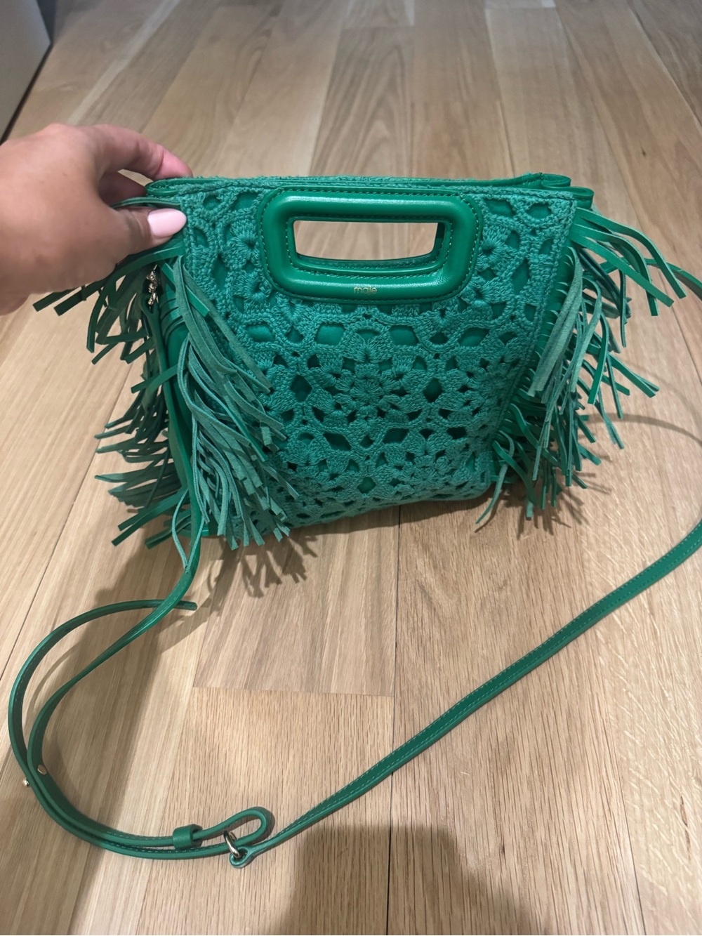 Maje Green Crochet Fringe Crossbody with Top Handle